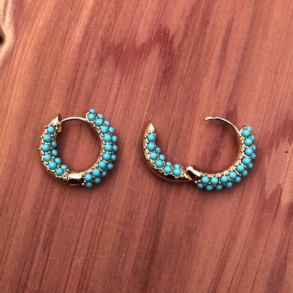 🌿Turquoise Pavè Huggie Hoops - Picture 5 of 7